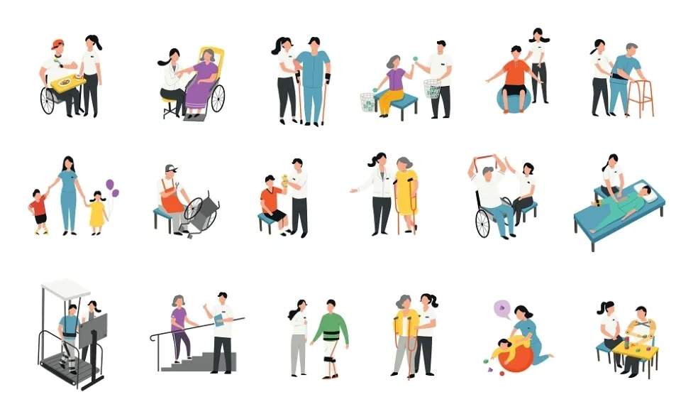 Illustrations of occupational therapy support, including mobility aids, home visits, exercise and rehabilitation and family support